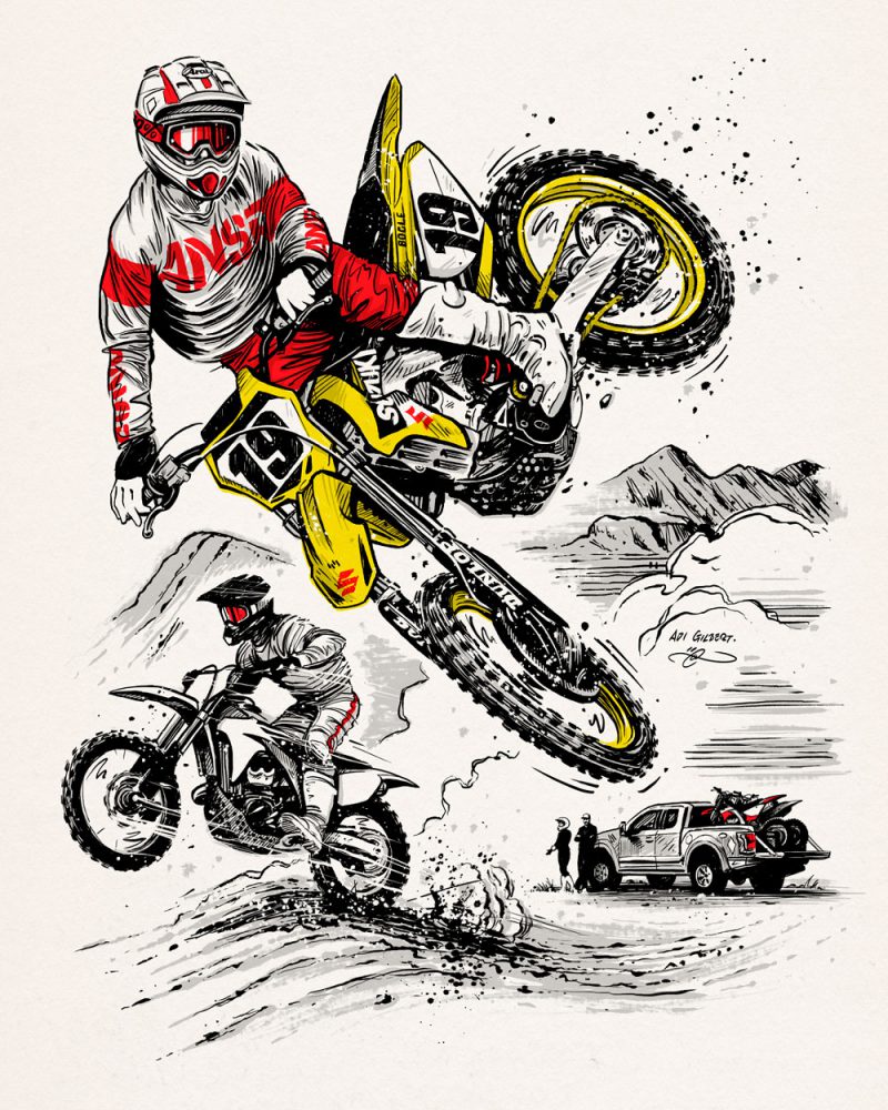 Off Road Cover illustration by Adi Gilbert featuring a drawing of Just Bogle MX / Motocross champ on a Suzuki RM450