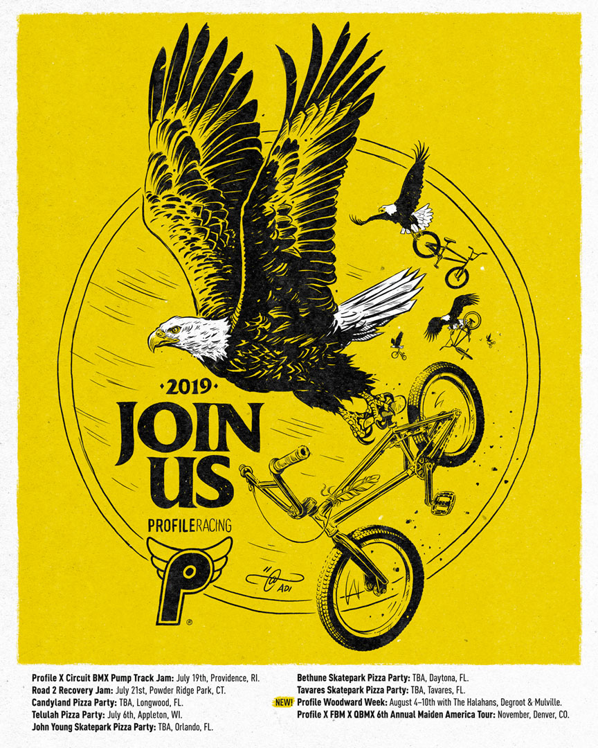 JOIN US! Drawn for Profile Racing by Adi Gilbert. Eagles and BMX!